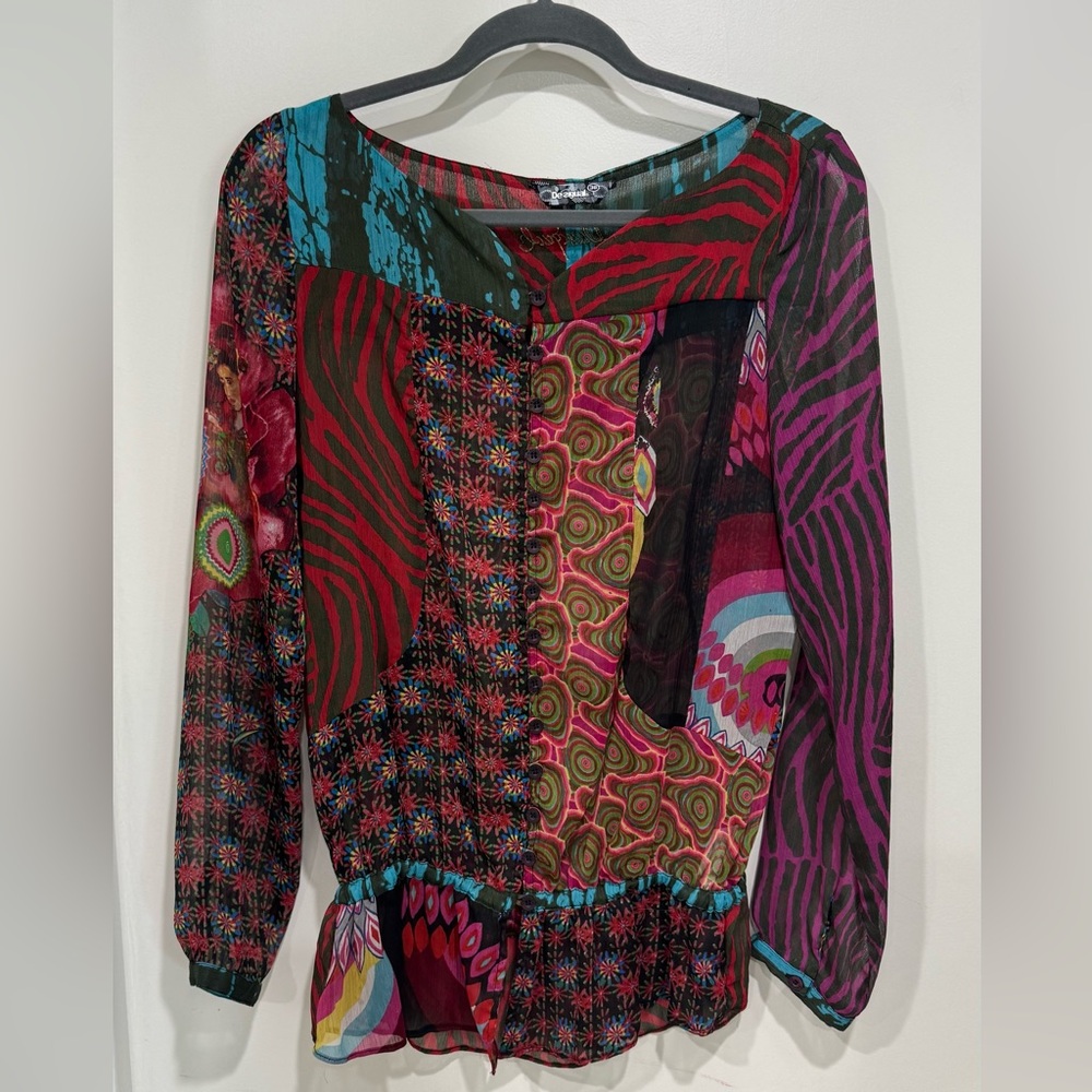 Desigual Red and Blue Artistic Sheer Blouse size 38/M